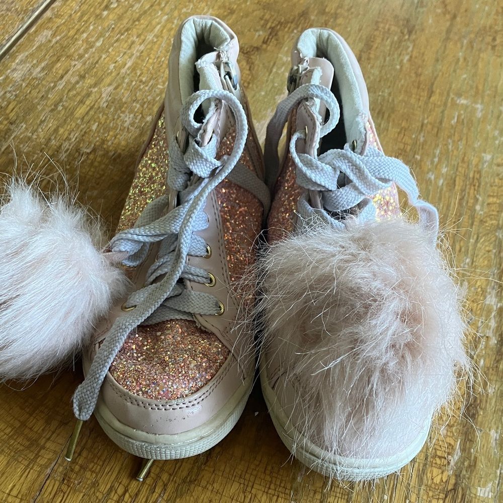 Justice Glittery Pink Sneakers with Fluffy Pom Poms